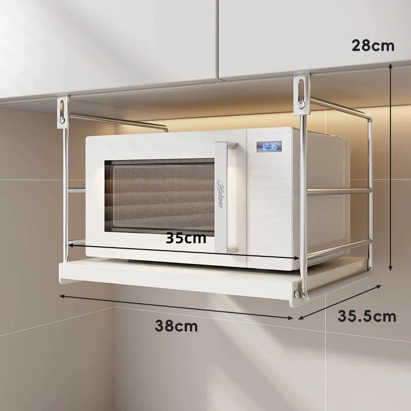 Microwave Shelf Under-Cabinet Stainless Steel Sliding Tray Adjustable Hooks