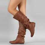 Mid-Calf Boots Leather Upper Pull-On Design Flat Sole