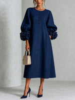 Midi Dress A-Line Floral Cuffs Button Front