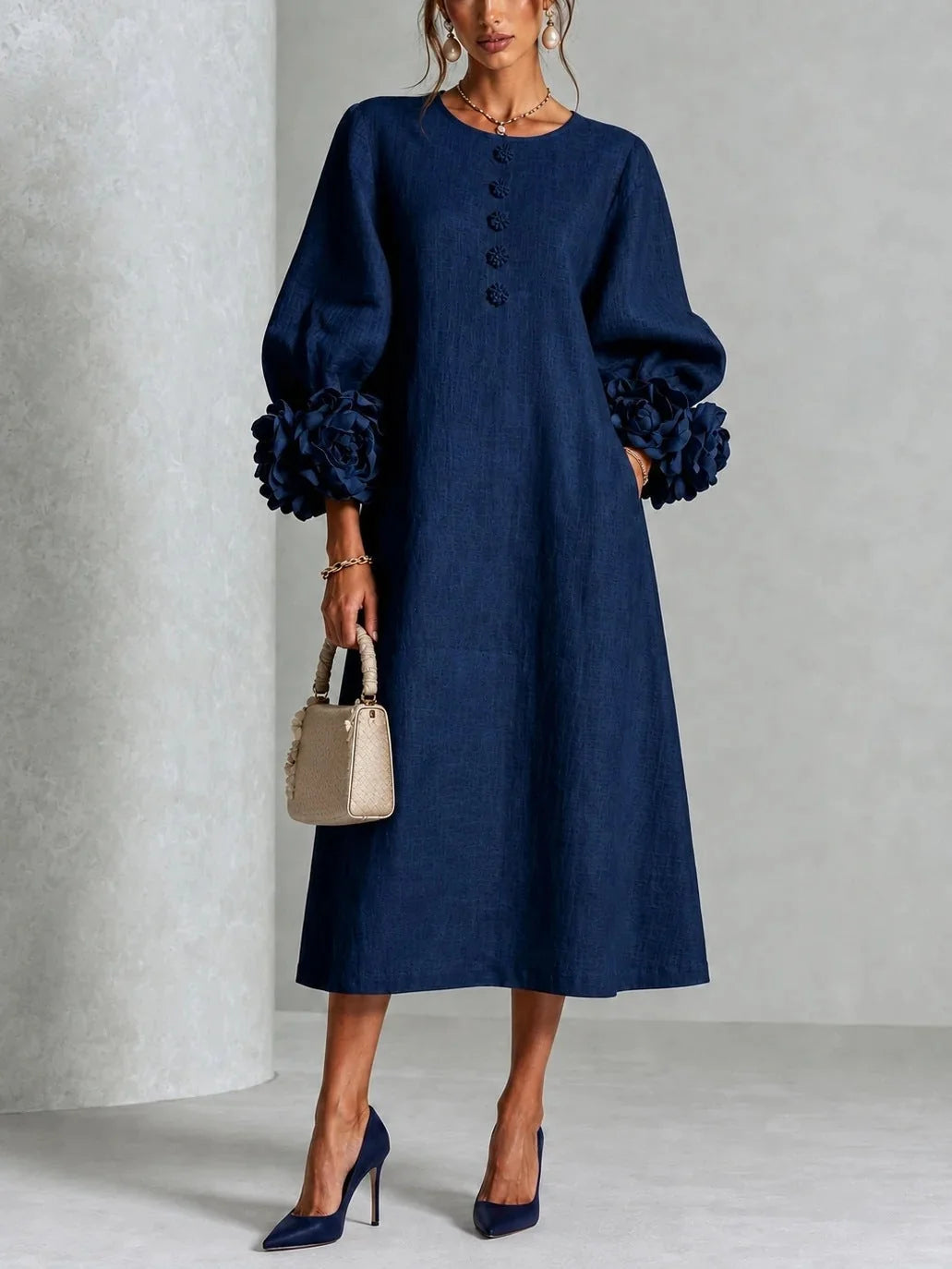 Midi Dress A-Line Floral Cuffs Button Front