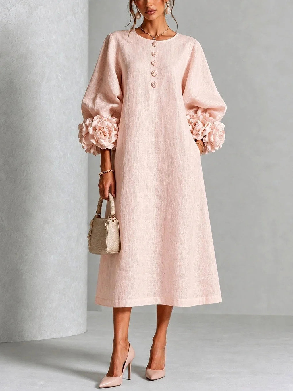 Midi Dress A-Line Floral Cuffs Button Front