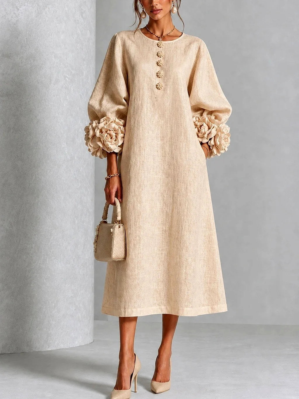 Midi Dress A-Line Floral Cuffs Button Front