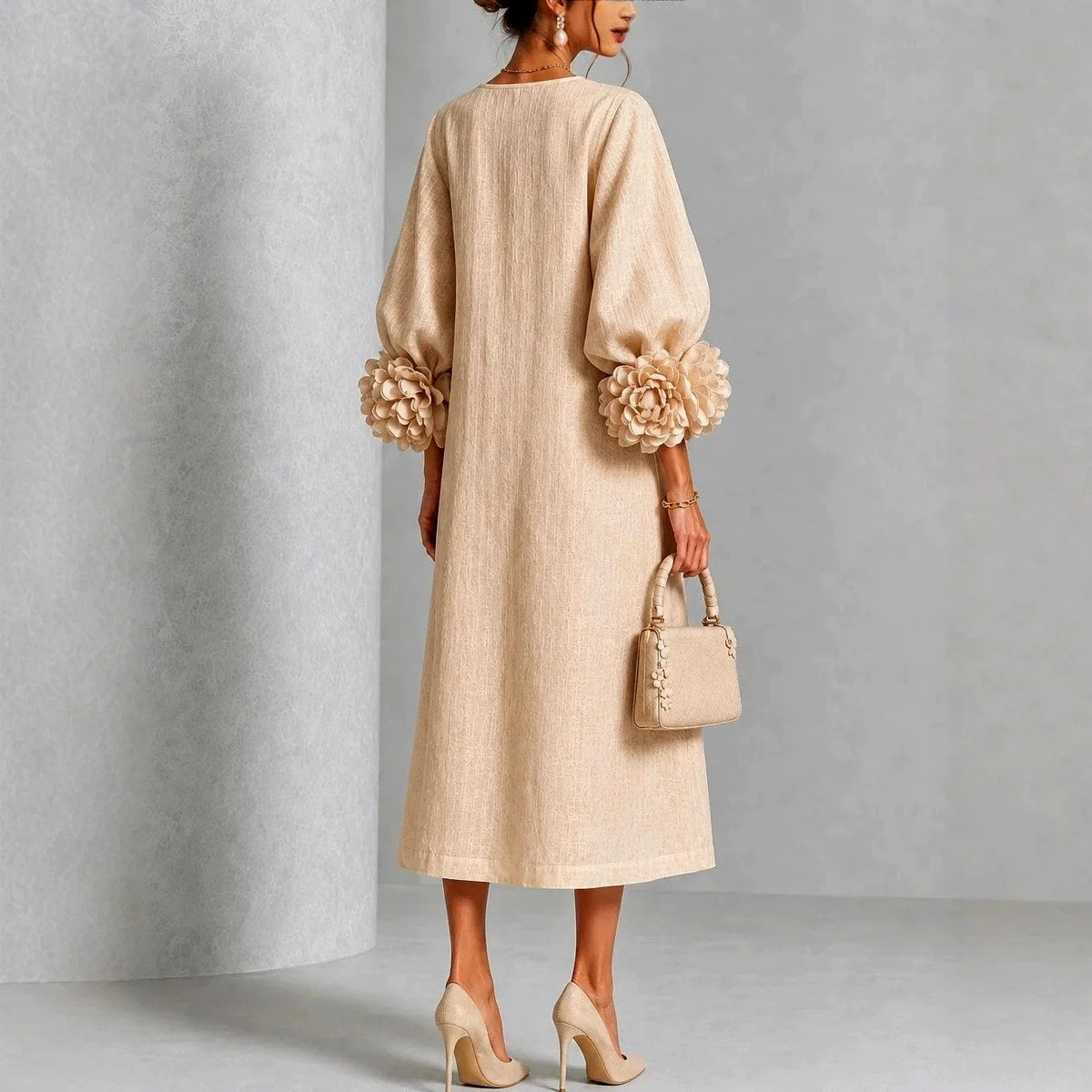 Midi Dress A-Line Floral Cuffs Button Front