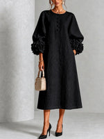 Midi Dress A-Line Floral Cuffs Button Front