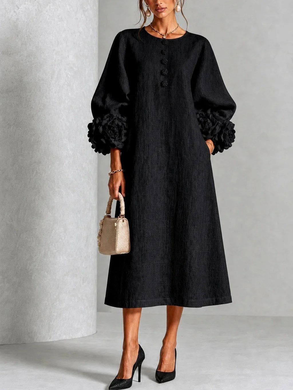 Midi Dress A-Line Floral Cuffs Button Front