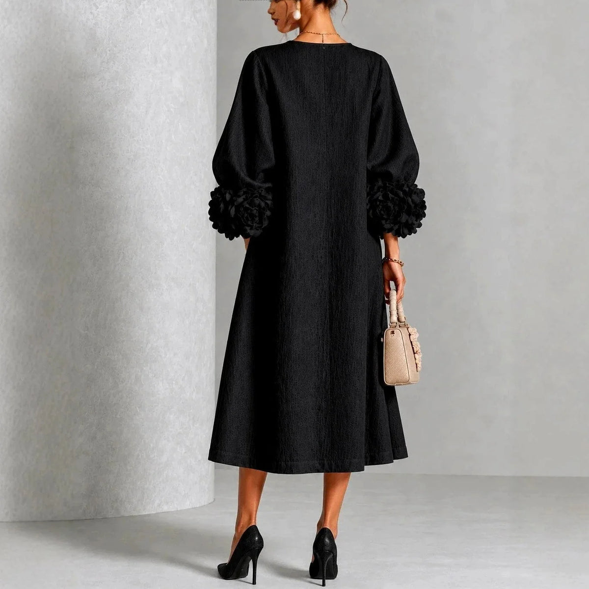 Midi Dress A-Line Floral Cuffs Button Front