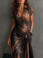 Midi Dress Abstract Print Wrap Front Tie Waist Ruffled Hem