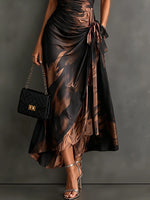 Midi Dress Abstract Print Wrap Front Tie Waist Ruffled Hem