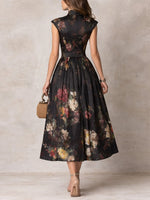 Midi Dress Black Floral Satin Pleated A-Line