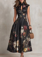 Midi Dress Black Floral Satin Pleated A-Line