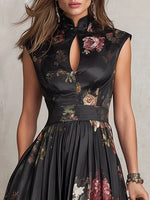 Midi Dress Black Floral Satin Pleated A-Line