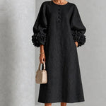 Midi Dress Relaxed A-Line Floral Buttons Rosette Cuffs