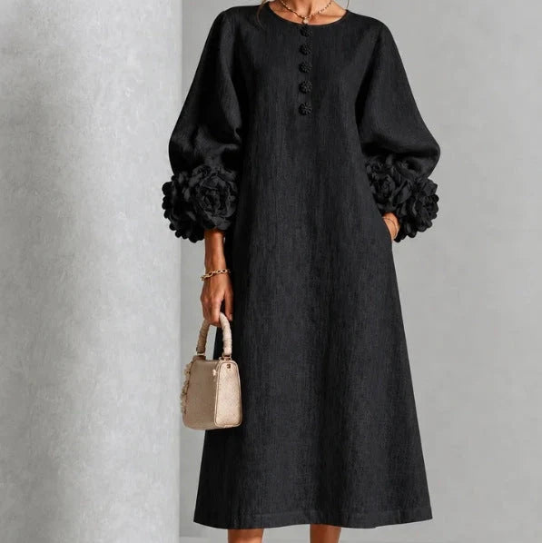 Midi Dress Relaxed A-Line Floral Buttons Rosette Cuffs
