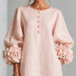 Midi Dress Relaxed A-Line Floral Buttons Rosette Cuffs