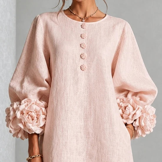 Midi Dress Relaxed A-Line Floral Buttons Rosette Cuffs