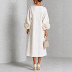 Midi Dress Relaxed A-Line Floral Buttons Rosette Cuffs