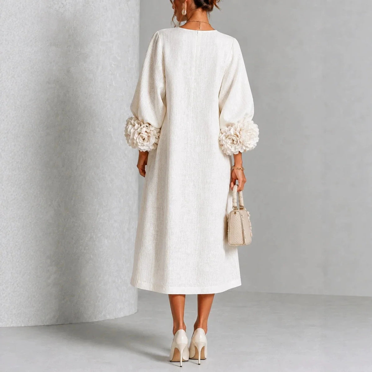 Midi Dress Relaxed A-Line Floral Buttons Rosette Cuffs