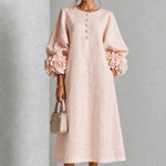 Midi Dress Relaxed A-Line Floral Buttons Rosette Cuffs