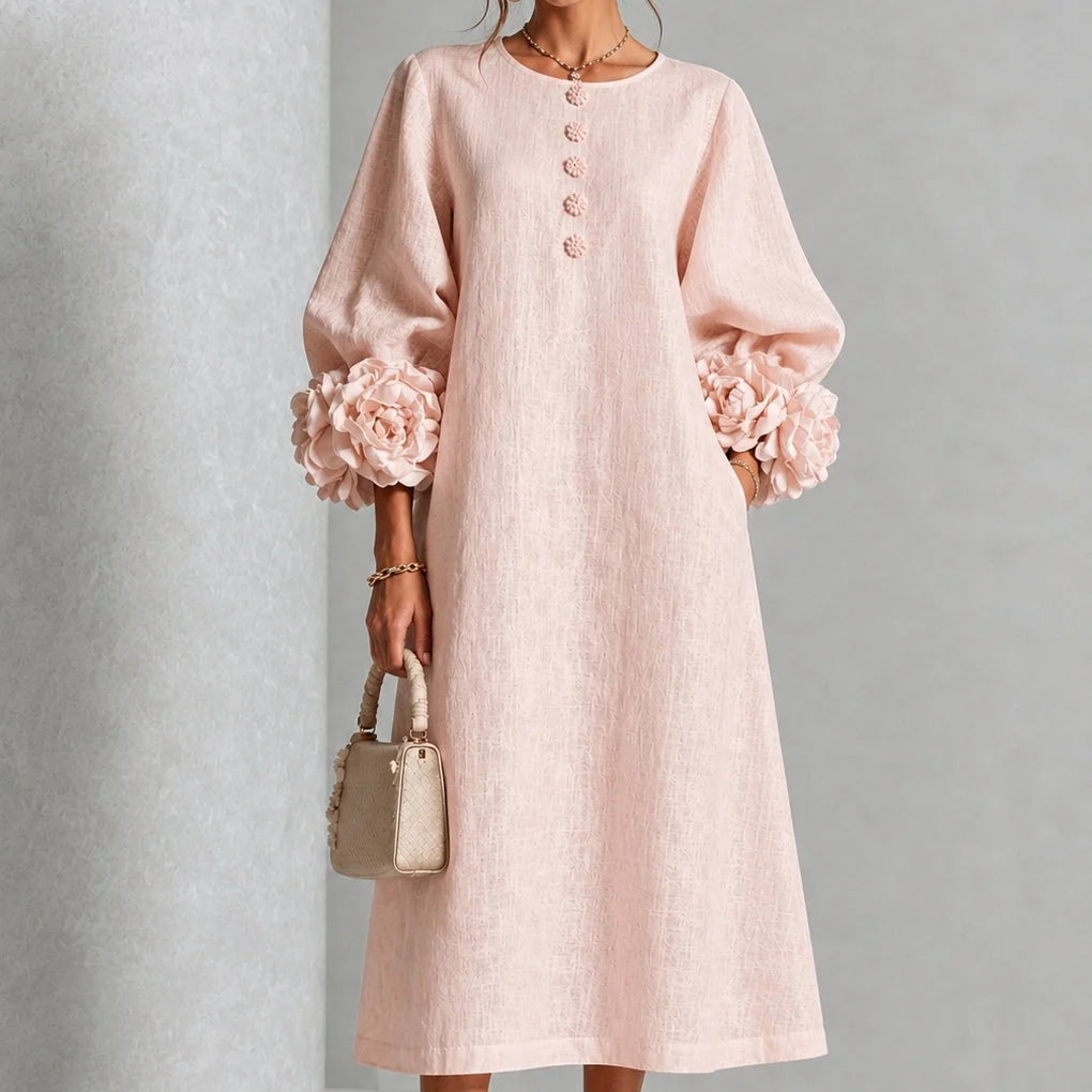 Midi Dress Relaxed A-Line Floral Buttons Rosette Cuffs