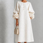 Midi Dress Relaxed A-Line Floral Buttons Rosette Cuffs