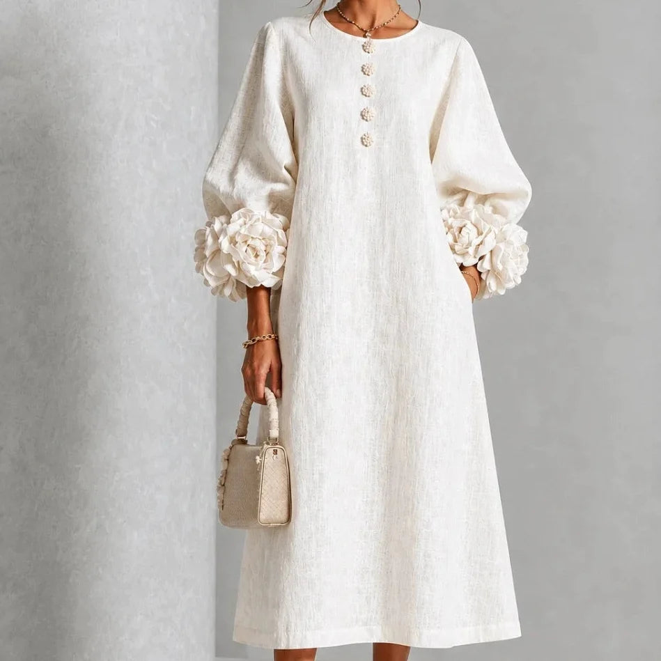 Midi Dress Relaxed A-Line Floral Buttons Rosette Cuffs