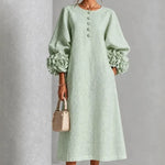 Midi Dress Relaxed A-Line Floral Buttons Rosette Cuffs