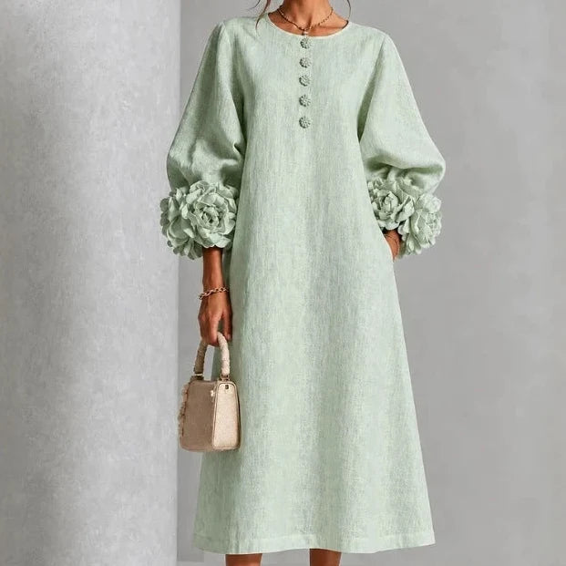 Midi Dress Relaxed A-Line Floral Buttons Rosette Cuffs