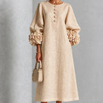 Midi Dress Relaxed A-Line Floral Buttons Rosette Cuffs