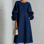 Midi Dress Relaxed A-Line Floral Buttons Rosette Cuffs