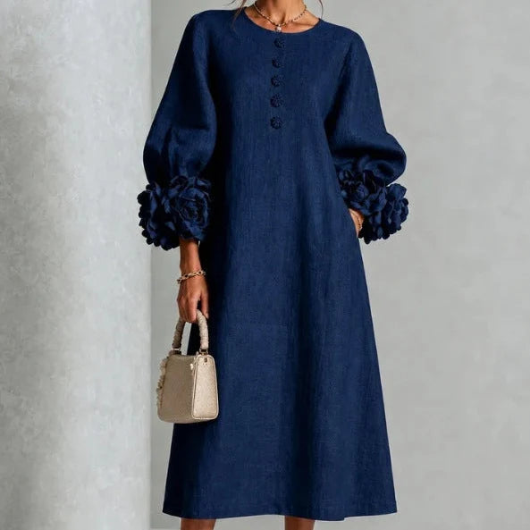 Midi Dress Relaxed A-Line Floral Buttons Rosette Cuffs