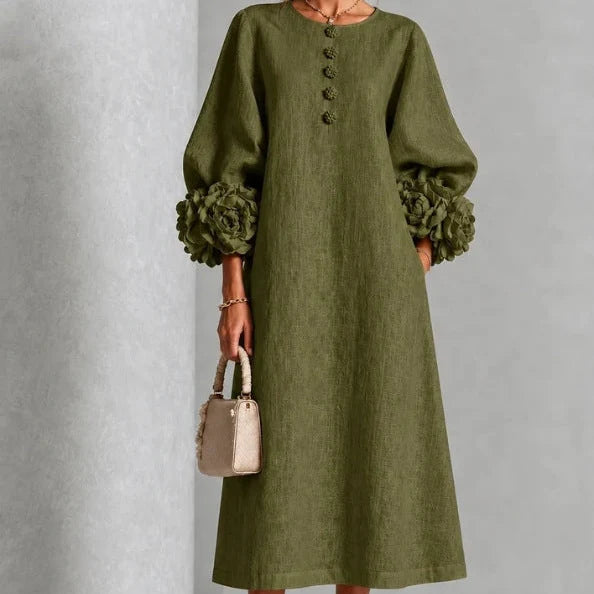 Midi Dress Relaxed A-Line Floral Buttons Rosette Cuffs
