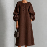 Midi Dress Relaxed A-Line Floral Buttons Rosette Cuffs