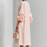 Midi Dress Relaxed A-Line Floral Buttons Rosette Cuffs