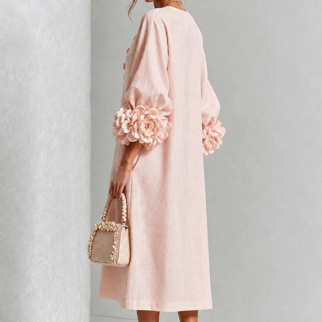 Midi Dress Relaxed A-Line Floral Buttons Rosette Cuffs