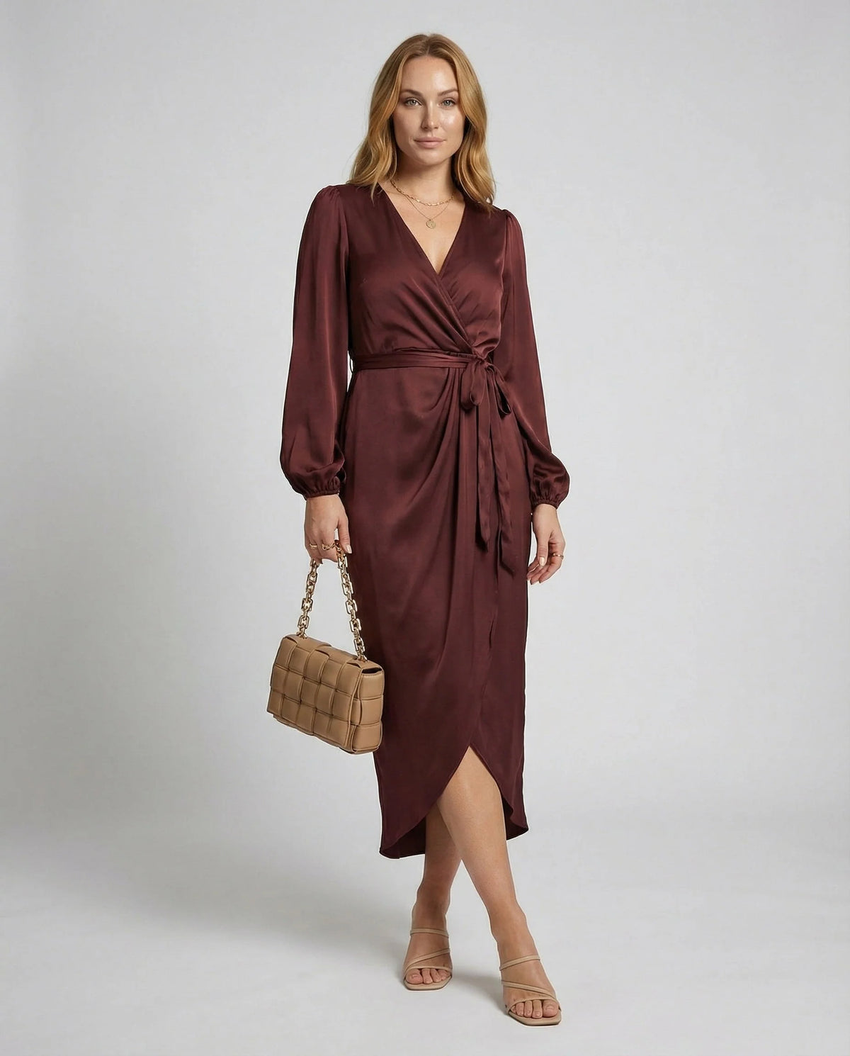 Midi Wrap Dress Long Sleeve Flattering Fit