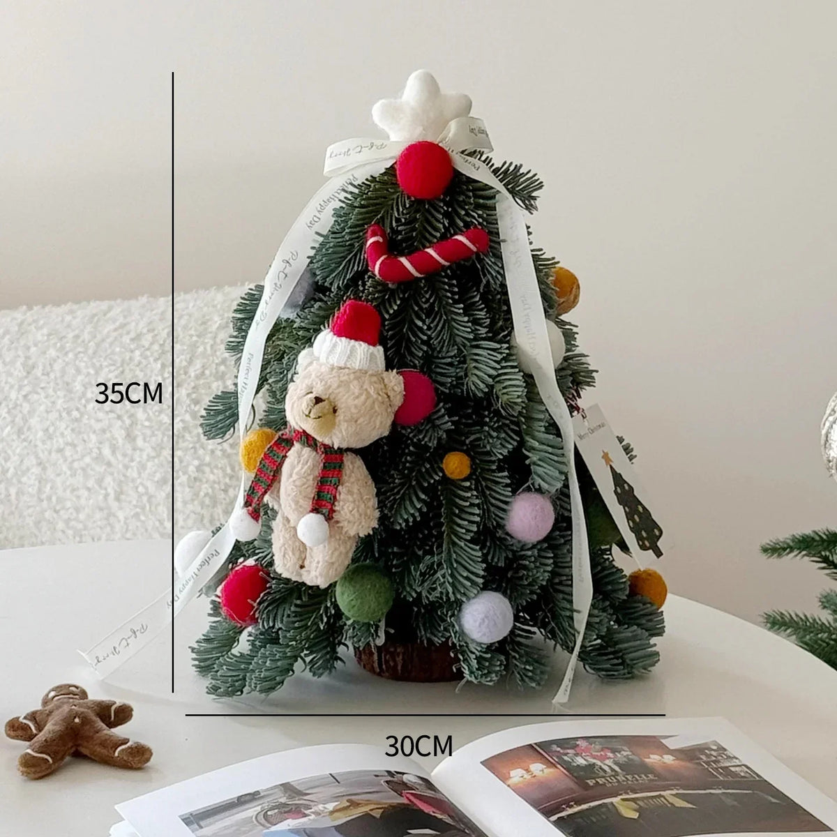 Mini Christmas Tree Lifelike Artificial Red Ribbons & Pom-Poms