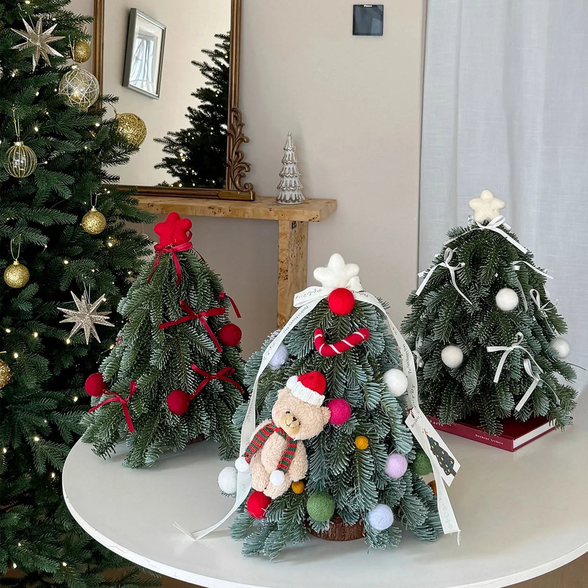 Mini Christmas Tree Lifelike Artificial Red Ribbons & Pom-Poms