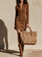 Mini Dress Faux Suede Half-Zip Long Sleeve