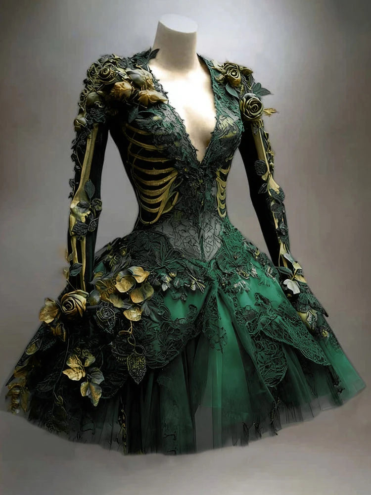 Mini Dress Gothic Bone Appliqué Long Sleeve Tiered Skirt