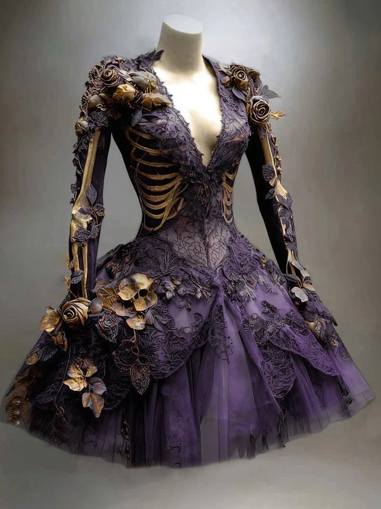 Mini Dress Gothic Skeleton Appliqué Long Sleeve