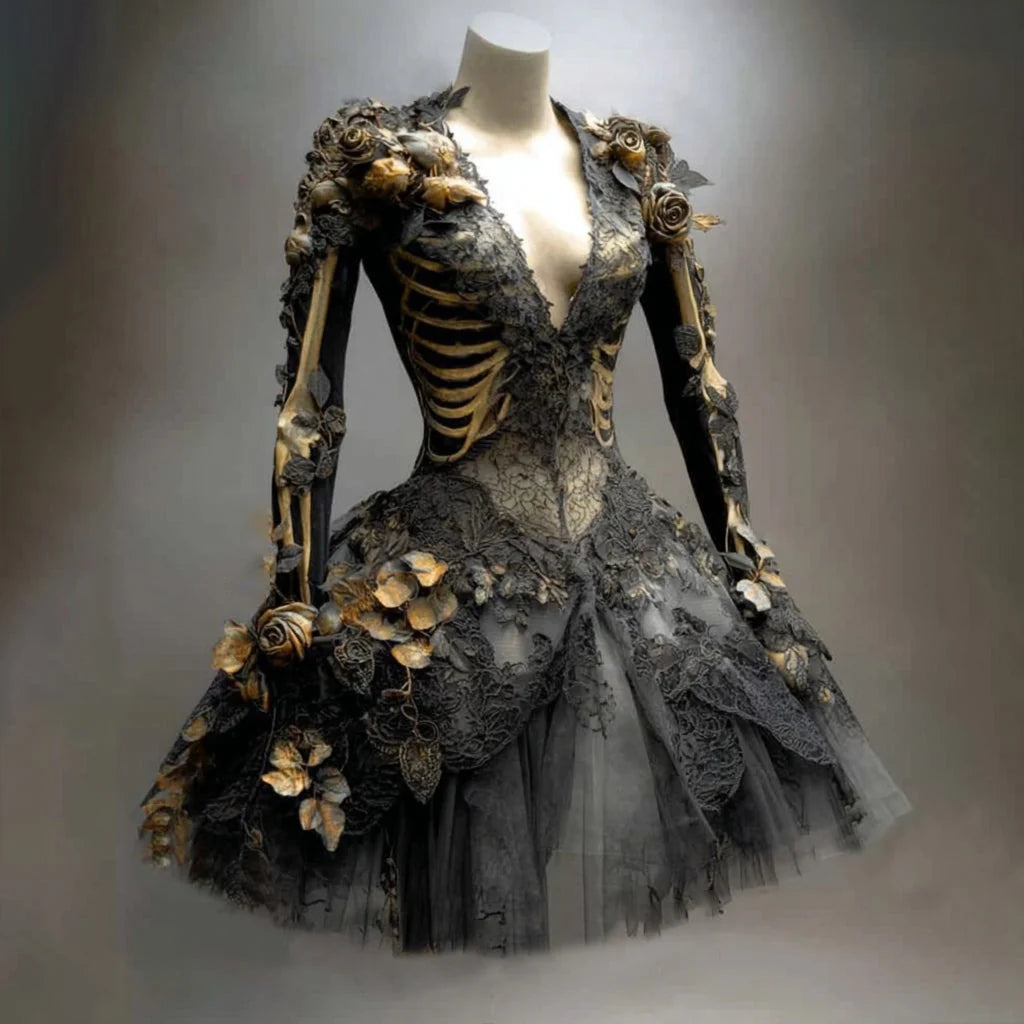 Mini Dress Gothic Skeleton Floral Appliqués Long Sleeve