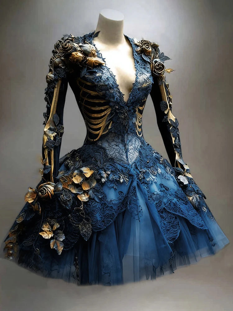 Mini Dress Gothic Skeleton Floral Appliqués Long Sleeve