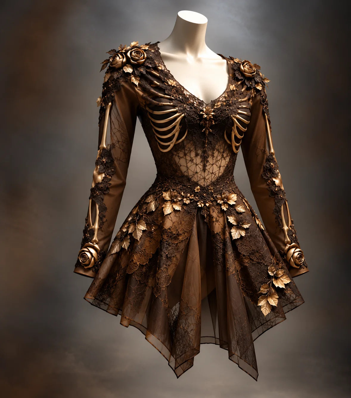Mini Dress Gothic V-Neck Bone Appliqués Floral Accents