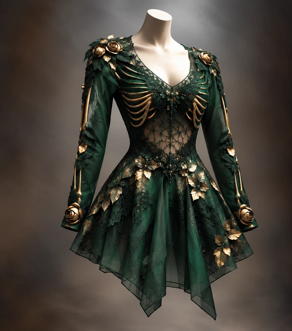 Mini Dress Gothic V-Neck Bone Appliqués Floral Accents
