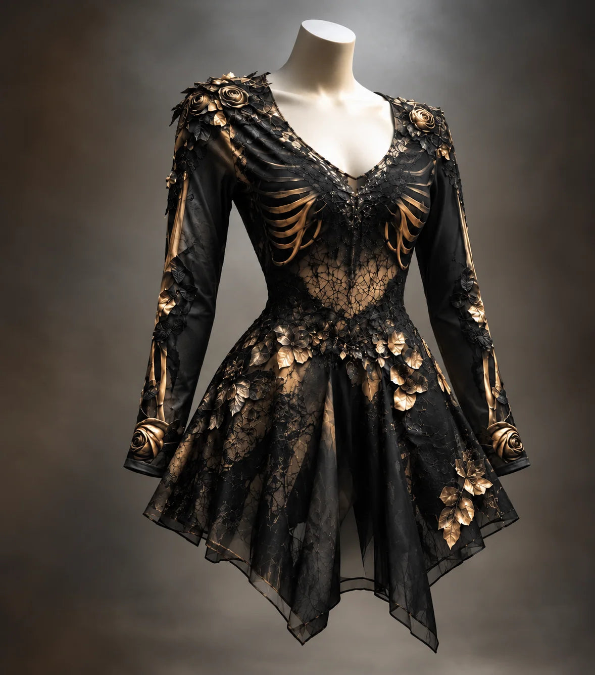 Mini Dress Long Sleeve V-Neck Bone Appliqué & 3D Florals