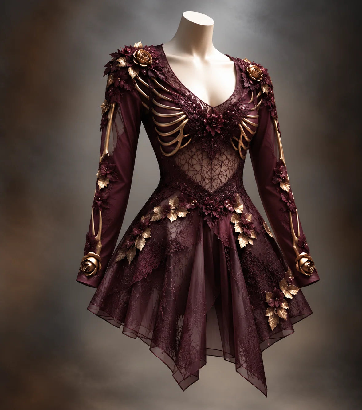 Mini Dress Long Sleeve V-Neck Bone Appliqué & 3D Florals