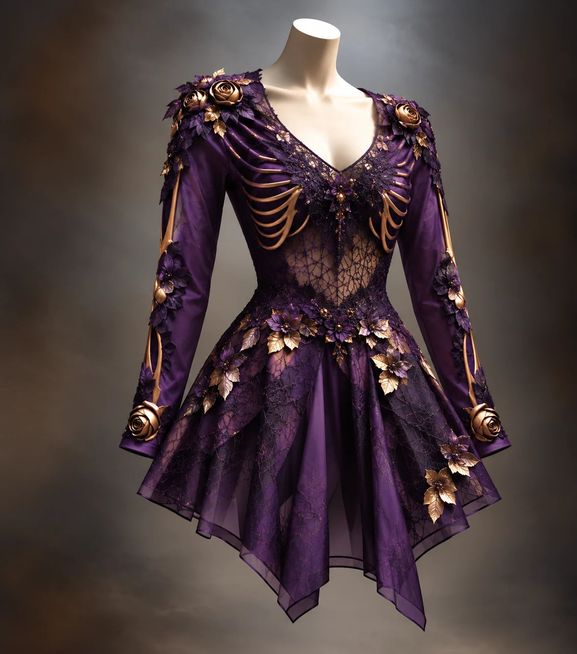 Mini Dress Long Sleeve V-Neck Bone Appliqué & 3D Florals