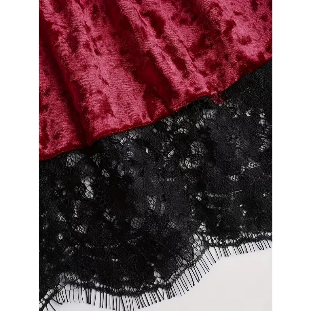 Mini Dress Red Velvet Effect V-Neck Lace Trim
