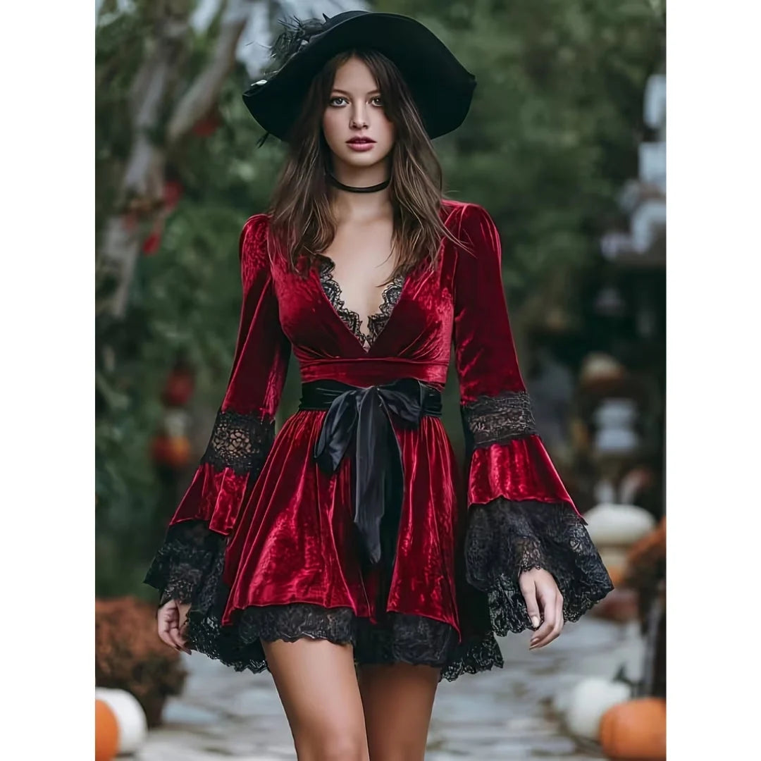 Mini Dress Red Velvet Effect V-Neck Lace Trim