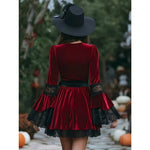 Mini Dress Red Velvet Effect V-Neck Lace Trim